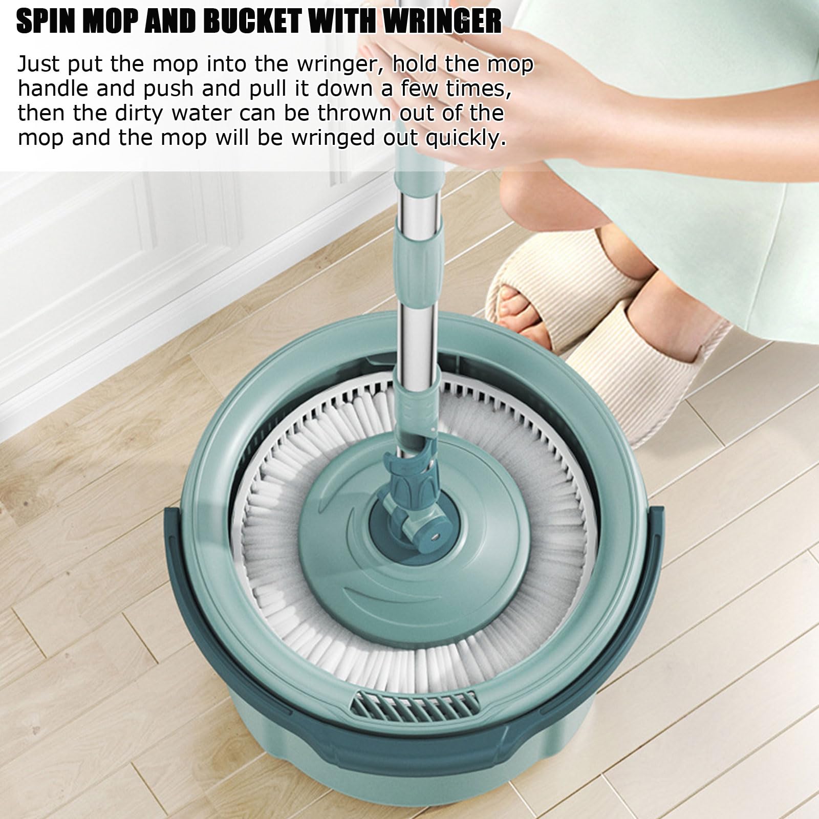 Mopa giratoria y cubo con juego de escurridor, fregona de microfibra fácil de escurrir, sistema de limpieza de suelo giratorio de 360°, ideal para el hogar y la oficina