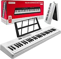 Teclado Musical Eletrônico Portátil 61 Teclas, 200 Timbres e Ritmos, Visor Digital LED com Suporte para Partituras e Microfone Incluso (Branco)
