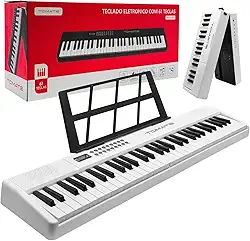 Teclado Musical Eletrônico Portátil 61 Teclas, 200 Timbres e Ritmos, Visor Digital LED com Suporte para Partituras e Microfone Incluso (Branco)