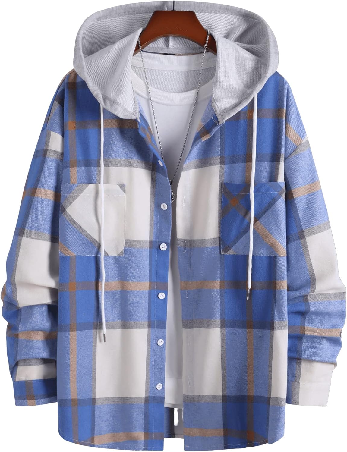 OYOANGLE Men's Casual Plaid Flannel Jacket with Hoodie Long Sleeve Button Down Shirt - Image 6