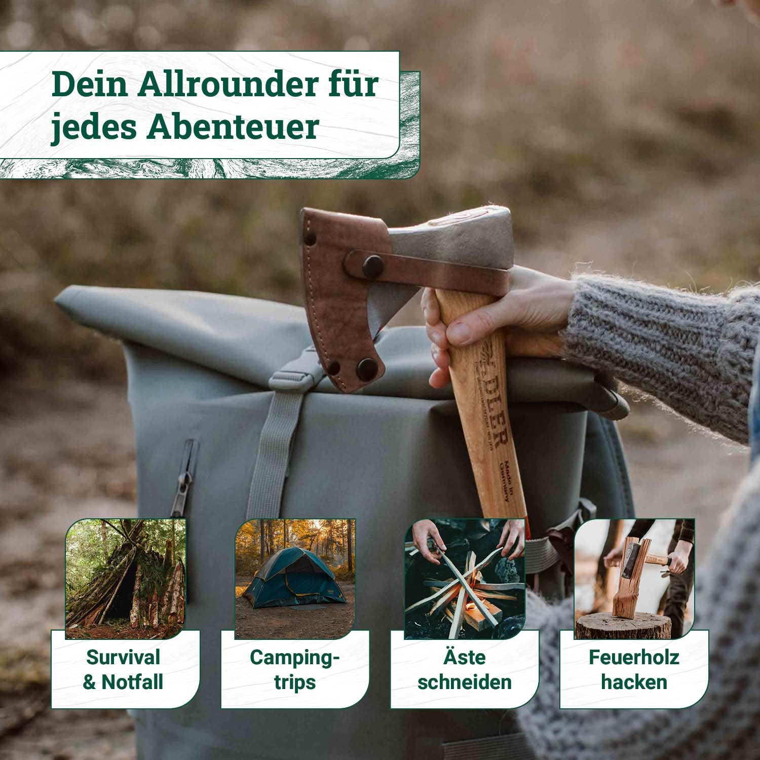 ADLER Beil 600 g, Holzaxt mit 36cm langem ergonomischem Hickory-Stiel, Rutschfester Griff, C60 Stahl Carbon Klinge inklusive Lederschutz/Camping/Forst Garten & Wald/rot, schwarz (Rot/Schwarz) | Geschmiedeter Kopf mit doppelter Sicherheitsverkeilung und Le