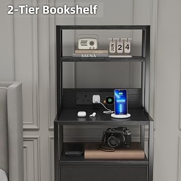 MUTUN Bedside Table with Charging Station and LED Light Strips, Nightstand with Drawers, Bedside Cabinet for Living Room, Bed Side Table for Bedroom, Black