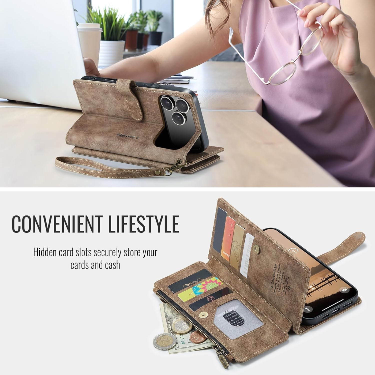Compatible with iPhone 17 Pro Wallet Case with Card Holder Kickstand Magnetic Zipper Pocket Lanyard Strap Wristlet,Leather Flip Case Wallet for iPhone 17 Pro 6.3 Inch (Brown)