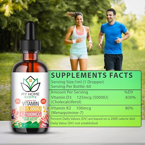 Miniatura 3 de MY HOME BIOME Gotas líquidas de vitamina D3 y K2D3-5000IUK2-100MCG con aceite MCT sin sabor, 2 onzas líquidas de alta potencia, mejor antes de