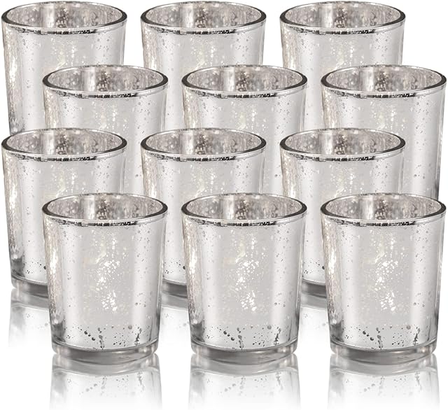 Silver Votive Candle Holders, Mercury Glass Tealight Candle Holder Set of 12, Perfect Centerpieces for Wedding, Party, Home Decor (Silver)