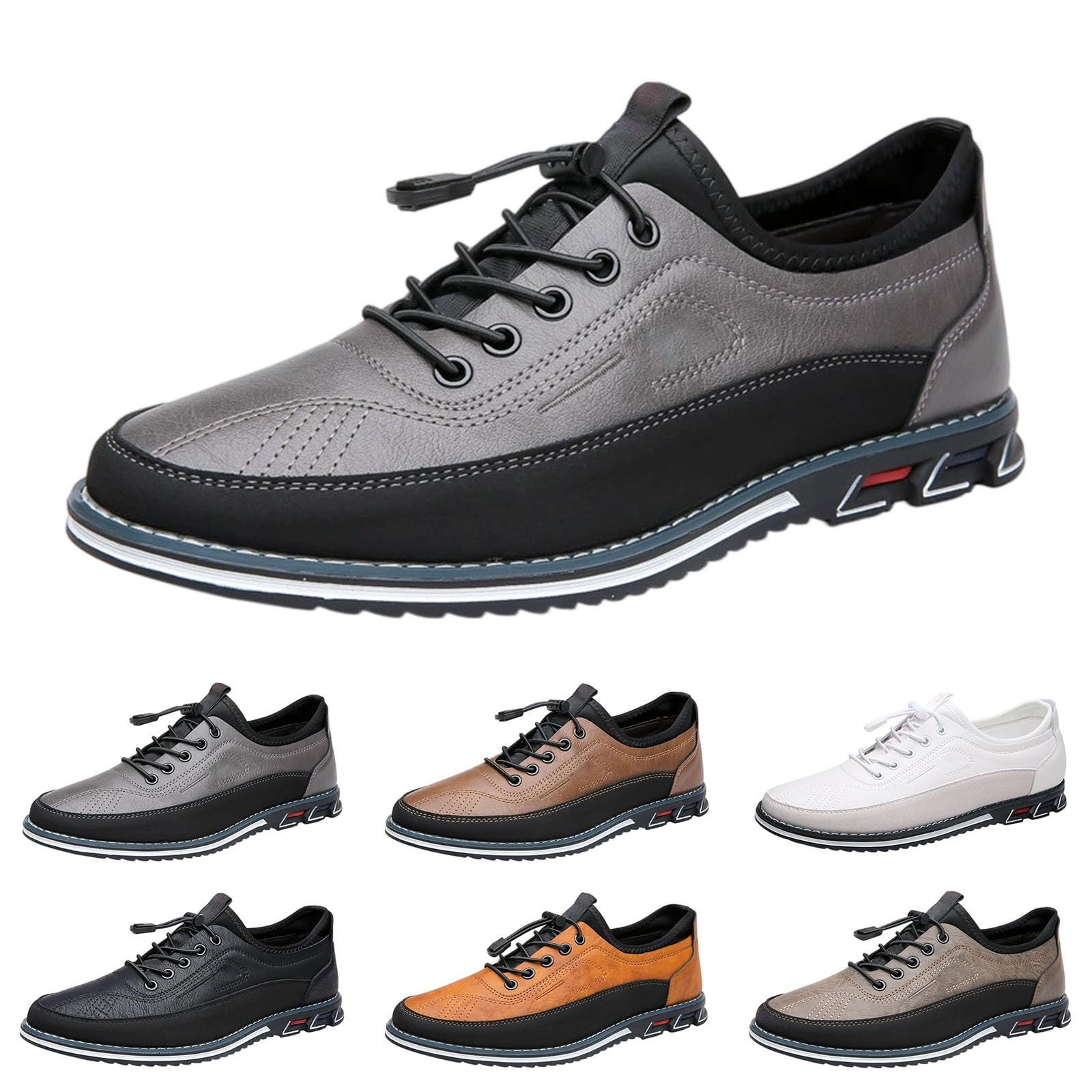 Scarpe da uomo in pelle casual con lacci elastici a chiusura rapida, Grigio