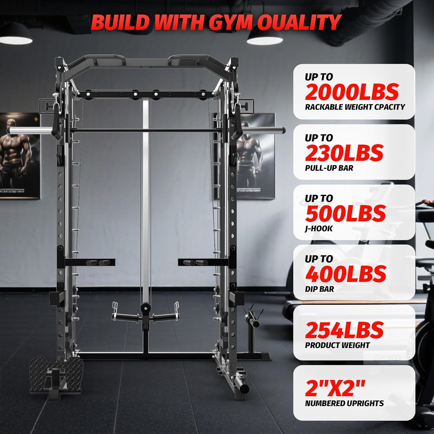 GAOMON Smith Machine Squat Rack, Heavy Duty Strength Training Power Cage with Pulley System, Dip Bar, LAT Pulldown, Multifunctional Workout Machine for Home Gym, Studio