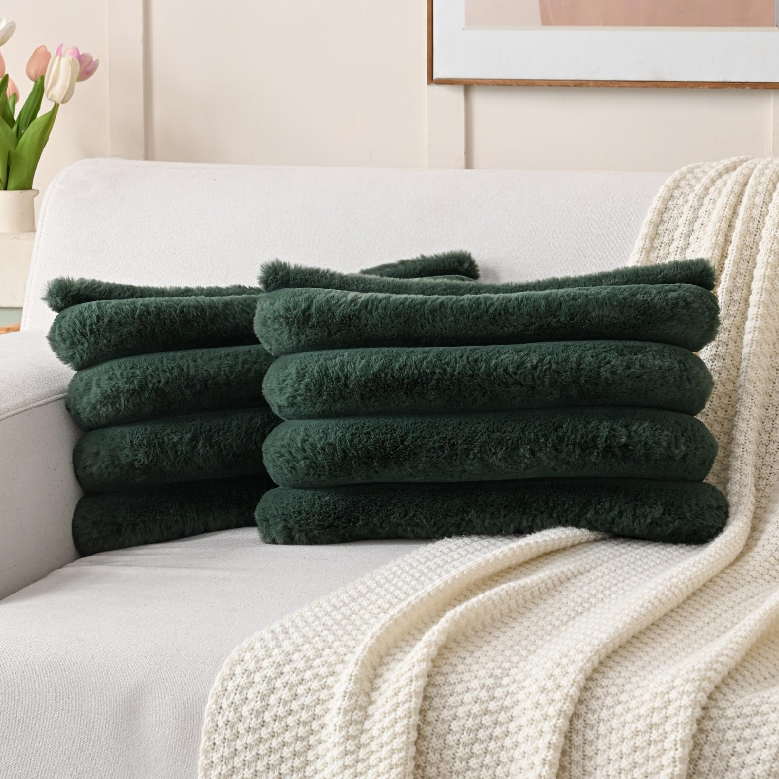 FUTEI Set of 2 Fluffy Faux Rabbit Fur Cushion Covers 30 x 50 cm,Dark Green