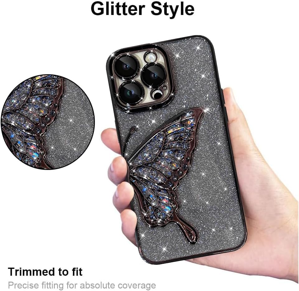 Image of SHINESTAR 3D Butterfly Case for iPhone 14 Pro Max Cover, Cute Girly Glitter Bling Luxury Back Cover for Women Girls Protective Shockproof Slim Camera Protection for iPhone 14 Pro Max - Black