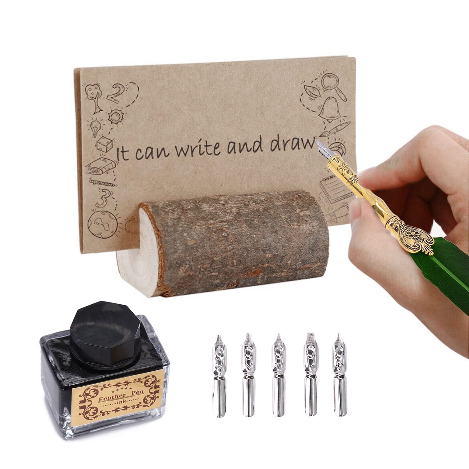 Schreibfeder Set – Antike Feder mit Tintenfass, 5 Wechselspitzen, Federhalter & Ständer, Kalligraphie Stift für Dekoration & Schreiben (Grün)