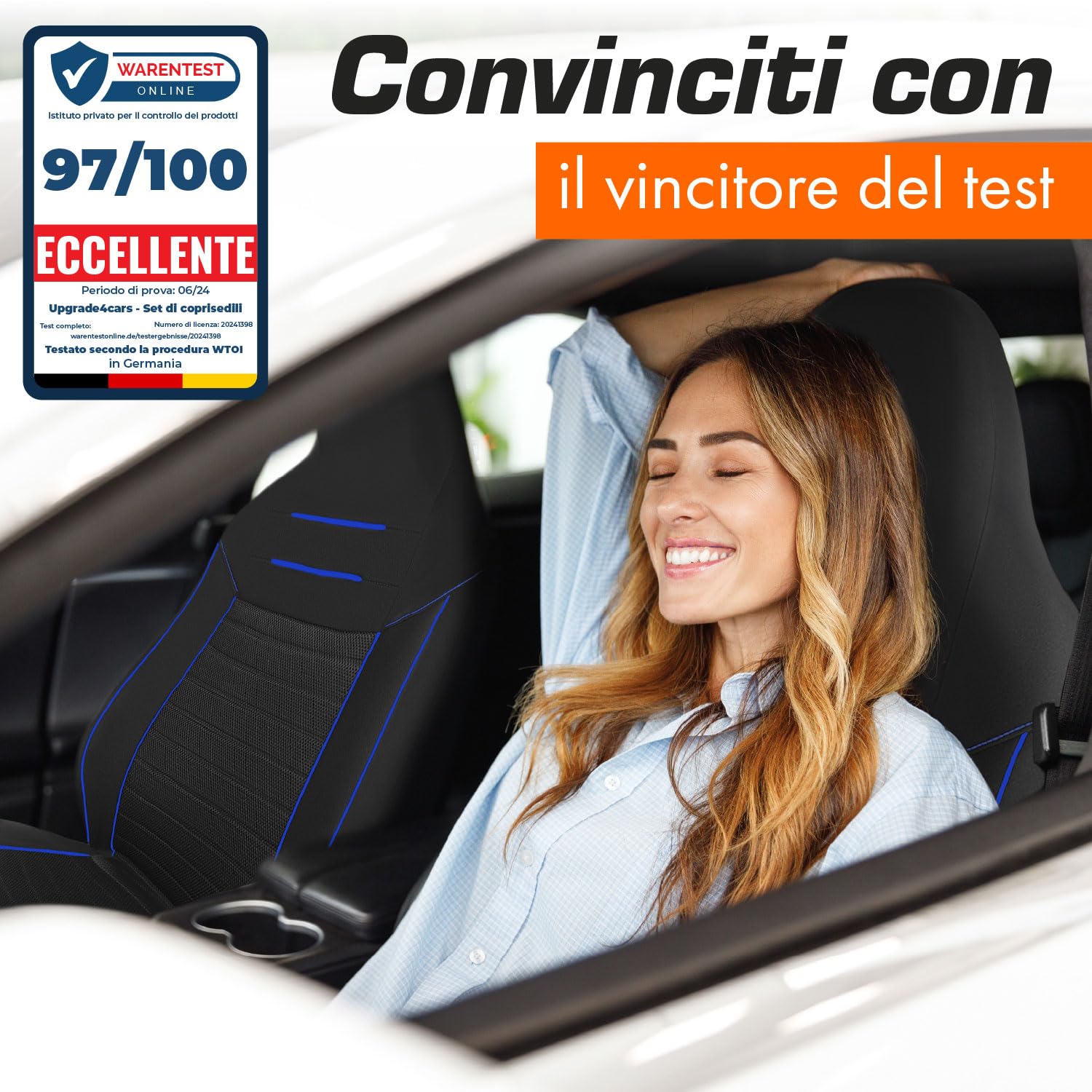 Upgrade4cars Coprisedili Auto Universale con Poggiatesta Integrato Nero Blu | Set Copri-sedile Universali per Anteriori e Posteriori Poggia-testa non Rimovibili/Fissi