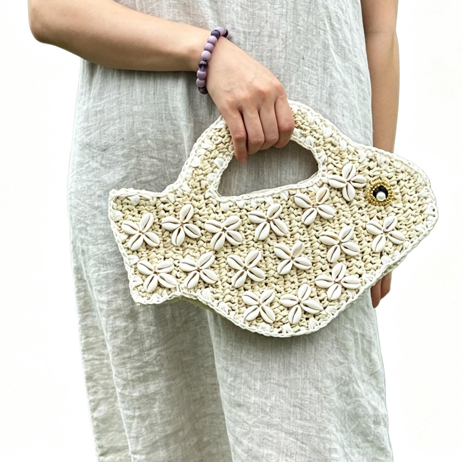 Generico Clutch Pesce Borsa Decorativa A Forma Di In Paglia E Conchiglie | Pochette Intrecciata Estiva Da Spiaggia Per Donne Ragazze Picnic All'Aperto Vacanza Al Mare