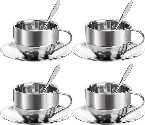 Okllen Juego de 4 tazas de café de acero inoxidable, tazas de café de 6 onzas con cuchara y platillo, tazas de café de doble pared aisladas para