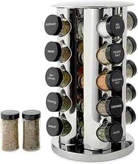 Kamenstein 20-Jar Revolving Stainless Steel Spice Rack with Free 5-Year Refills & Essential Spices