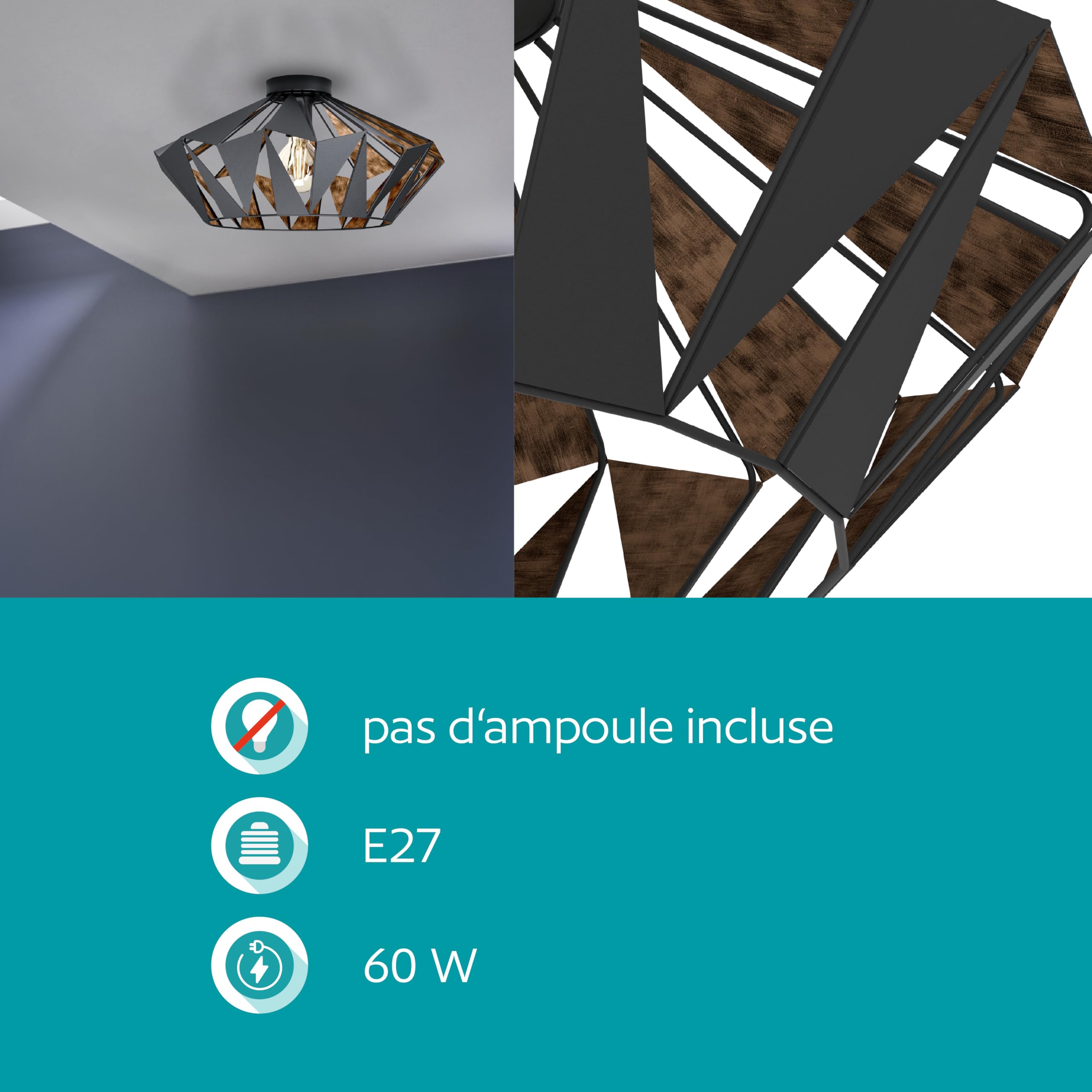 Eglo Luminaire plafonnier Carlton 6, lustre au style vintage, industriel et | rétro en acier noir et cuivre, lampe de plafond pour salon, cuisine et couloir, douille E27