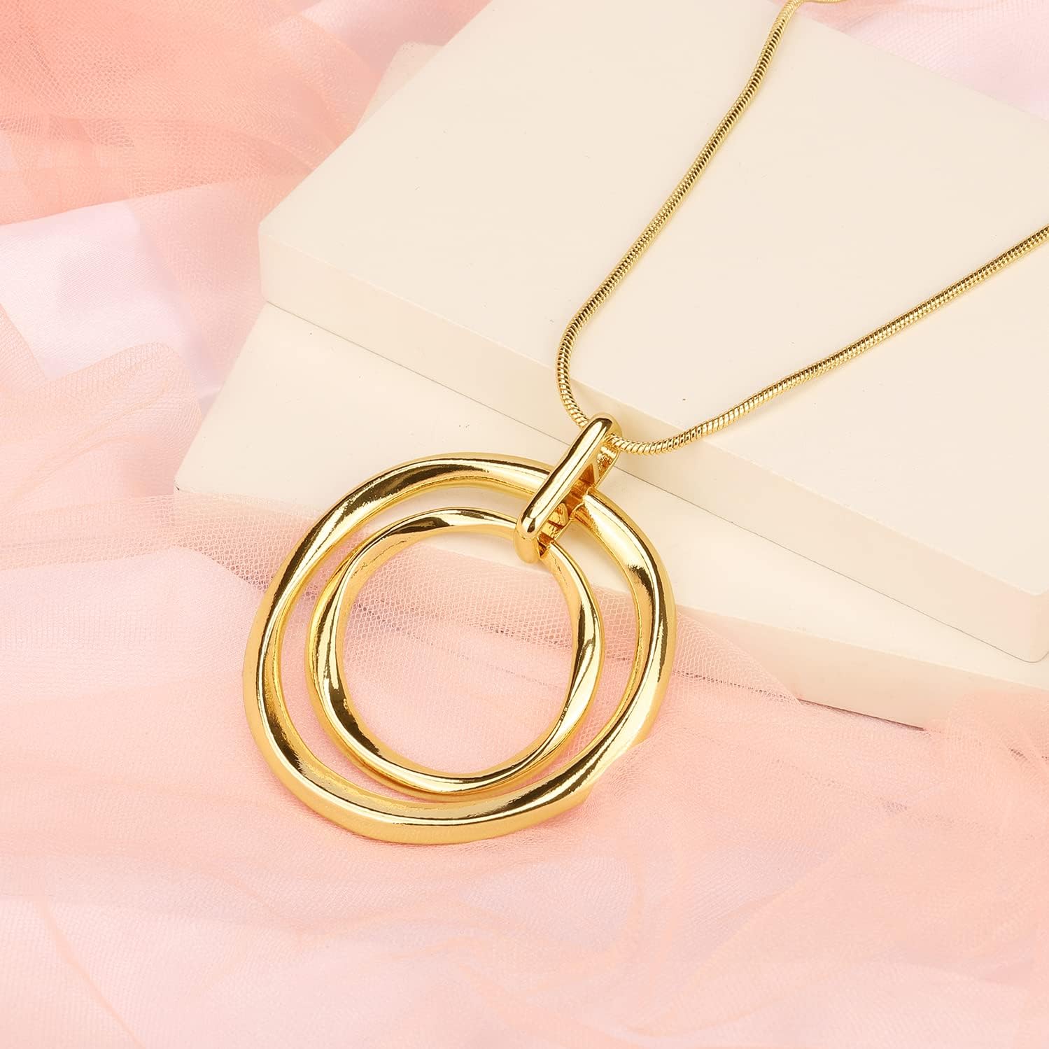 Silver Gold Double Circle/Ginkgo Necklace, Long Silver Necklace Sweater long Silver Chain for Women Silver Circle Large Pendant Womens Jewelry Silver Statement Necklace for Women Gift for Her - Image 7