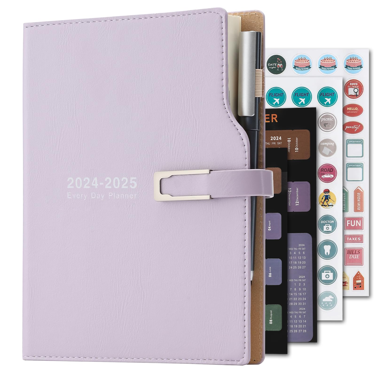 Agenda académica A5 de julio 2024 a junio 2025, día por página, organiza horarios con pegatinas de calendario, soporte para bolígrafo y bolígrafo, papel grueso, 14 x 21,5 cm, morado
