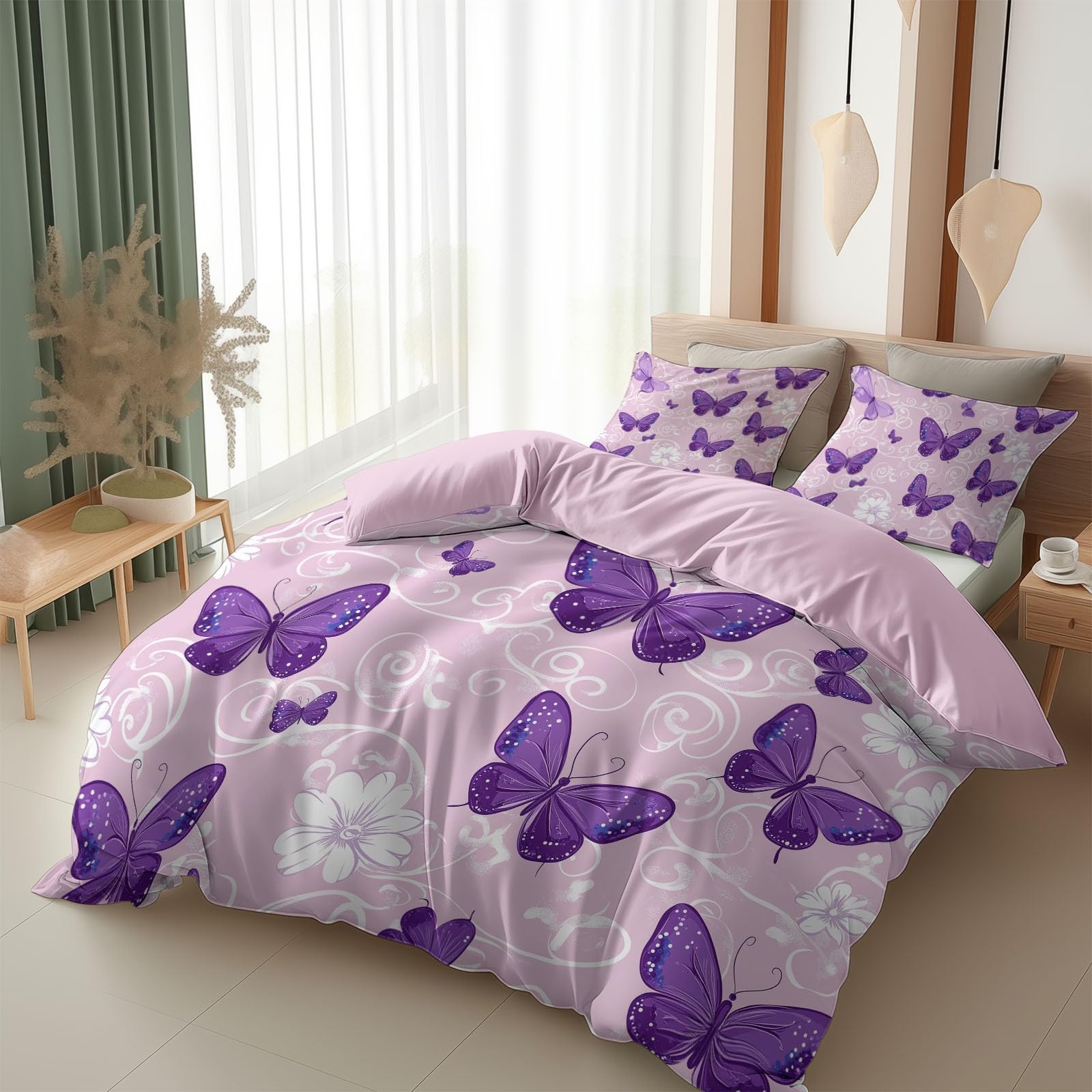 Srigzcaly Double Size Duvet Cover Set 3 Piece, Pink Purple Bedding Set, Quilt Cover Reversible Purple butterflies and flowers, Soft Brushed Microfiber Bedding with 2 Pillowcased, 200 x 200 cm