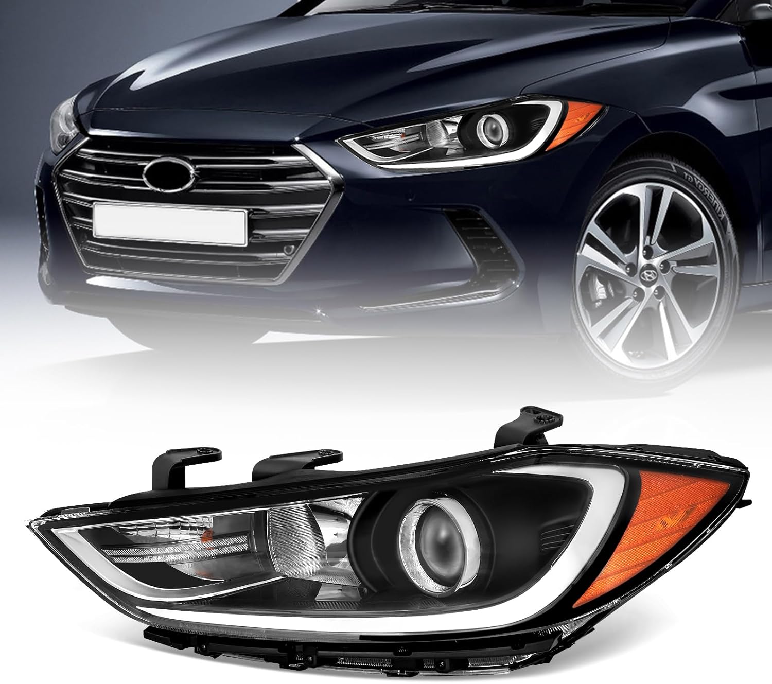 Headlight Assembly Compatible with 2017 2018 Hyundai Elantra Black Housing, Left Driver Side
