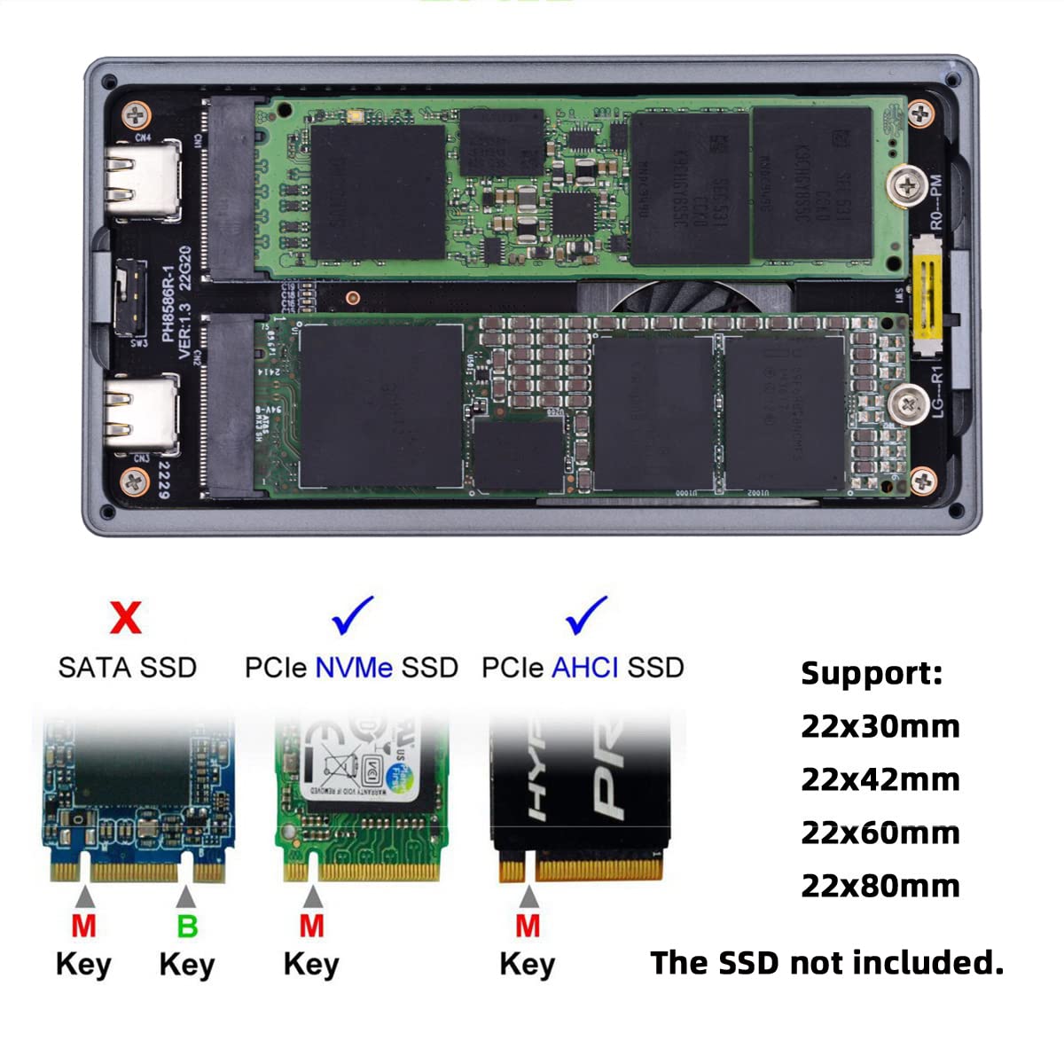 Podwójny NVME M.2 NGFF M-Key do USB-C Type-C Raid0 Raid1 JOBD duża obudowa 20 Gb/s z adapterem Hyper Fan Raid0