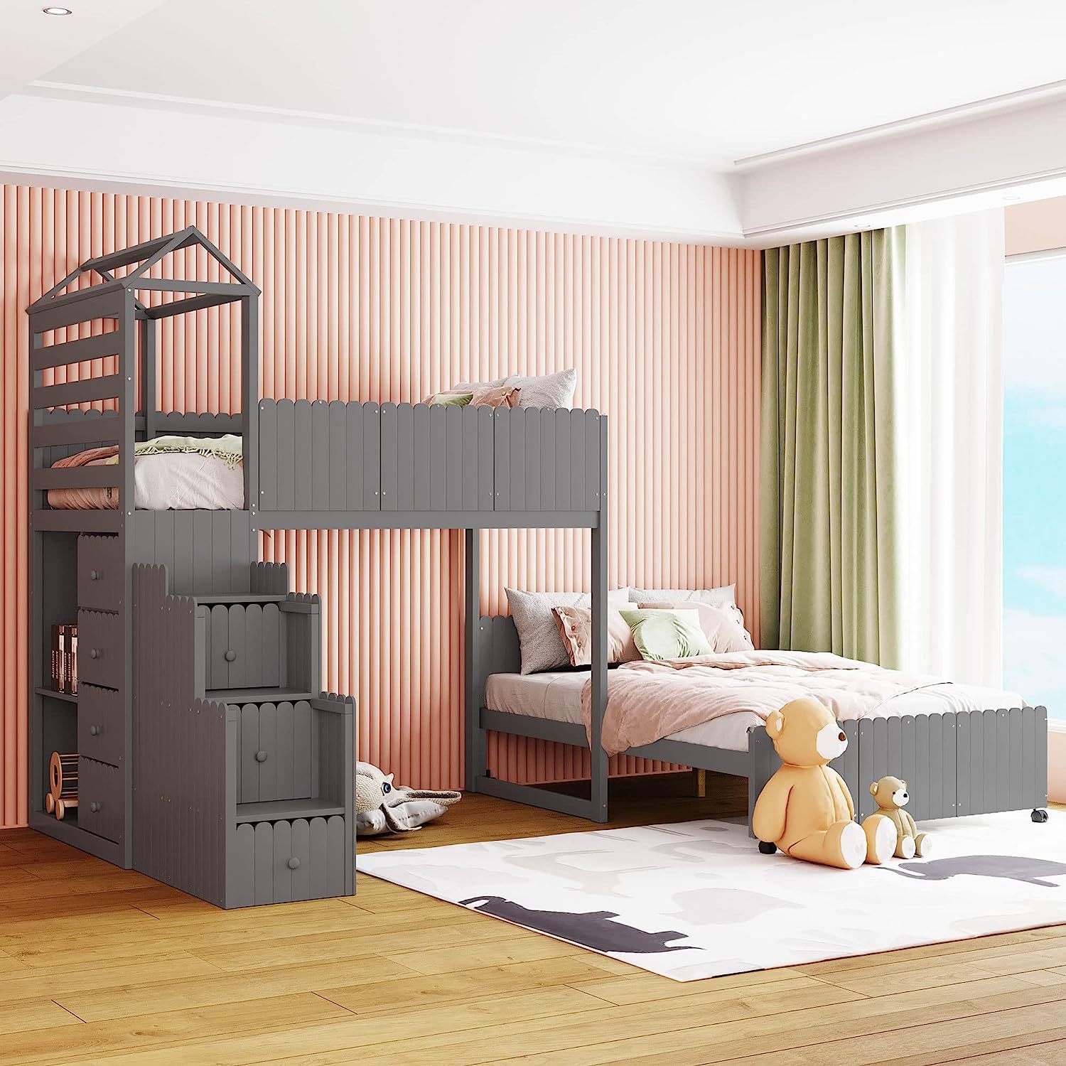 MERITLINE Bunk Beds Twin Over Full with Stairs, House Bunk Beds with 7 ...