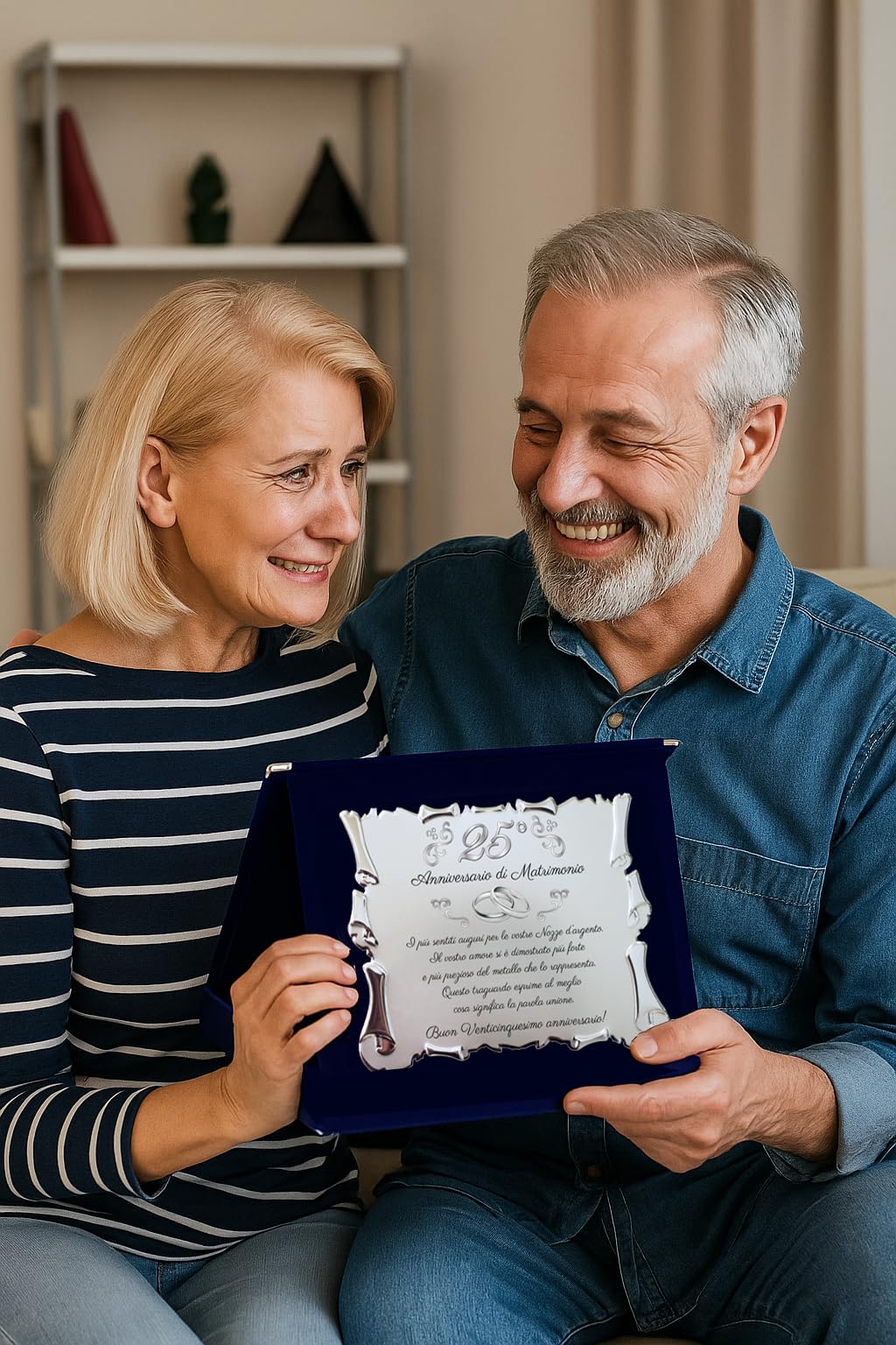Targa per Venticinquesimo Anniversario di Matrimonio | Congratulazioni 25° Anniversario di Nozze | Regalo Nozze d'argento Pergamena su Cofanetto Blu