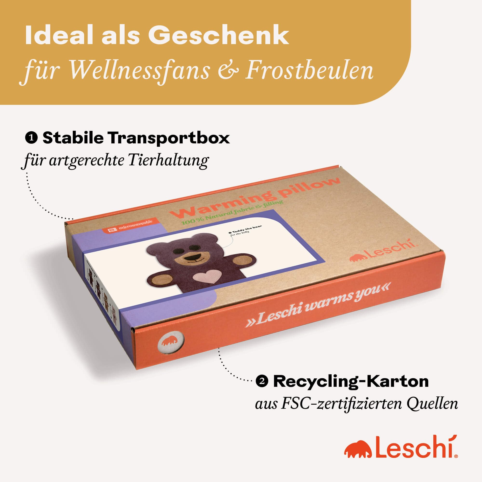 LESCHI 10 Kammer Körnerkissen - mikrowellengeeignetes Wärmekissen - ideal als natürliche Hilfe bei Bauch- und Regelschmerzen - aus natürlicher Bio Baumwolle & Bio Weizen - Bär Teddy, Braun mit Herz