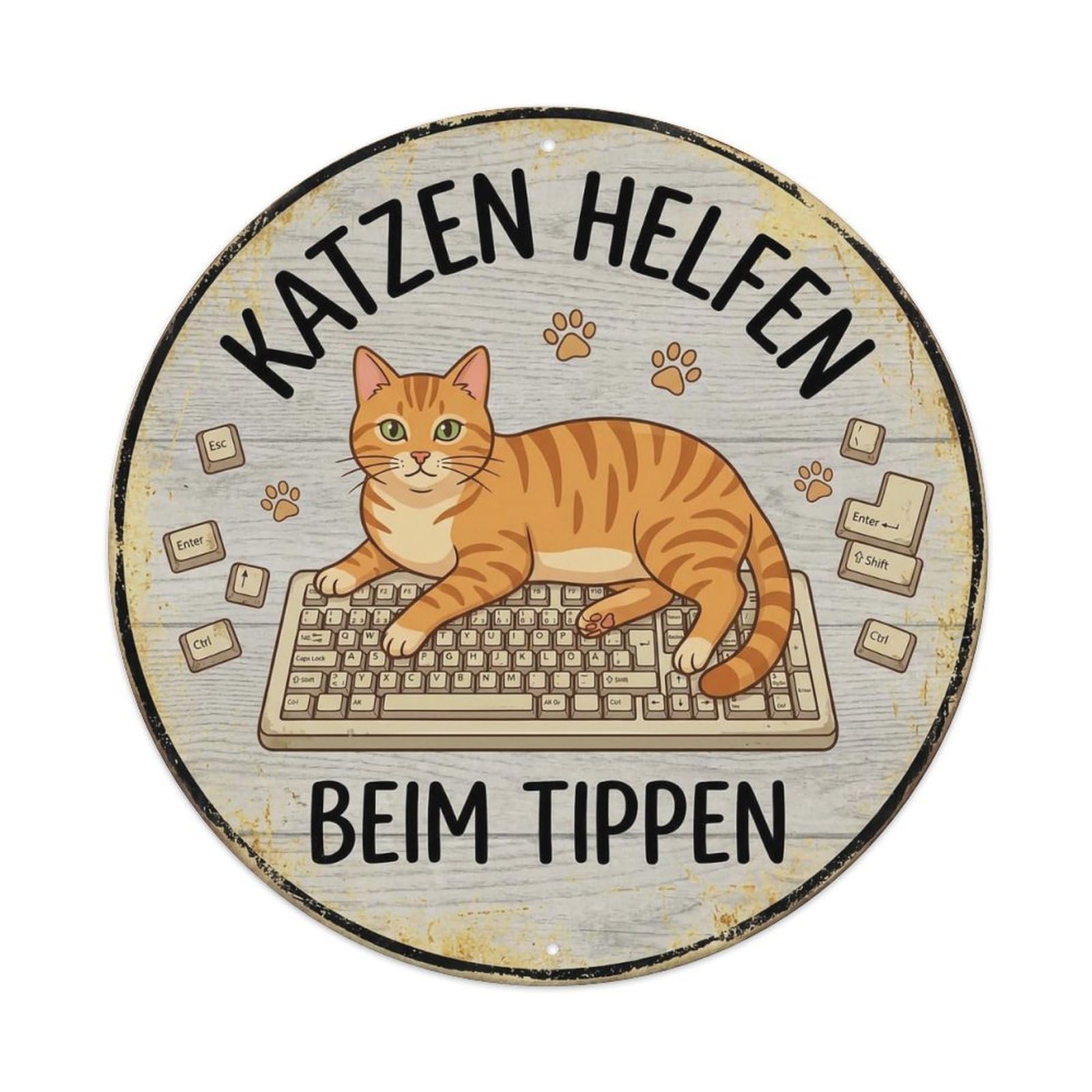 Cat Keyboard Helper Round Wall Hanging Metal Tin Sign
