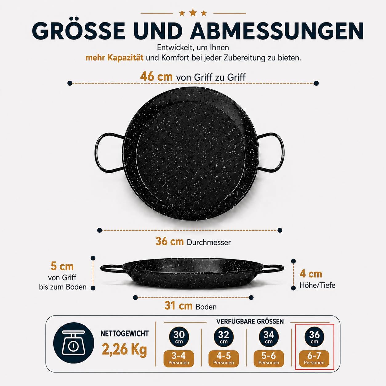TEHORNEO Paella Pfanne Induktion, Paella Pfanne 36 cm Emaillierter Stahl 6-7 Portionen, Paellapfanne, Paella Grill, Paellera Geeignet für Induktion, Feuer und Vitrokeramik