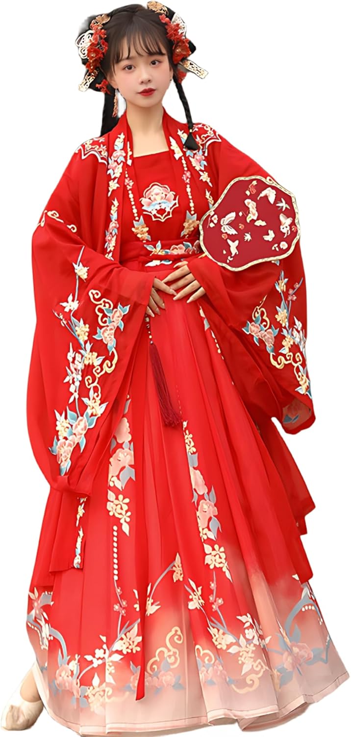Chinese Traditional Clothing Embroidery Ancient Large Sleeve Shirt Women's Performance Hanfu Dresses