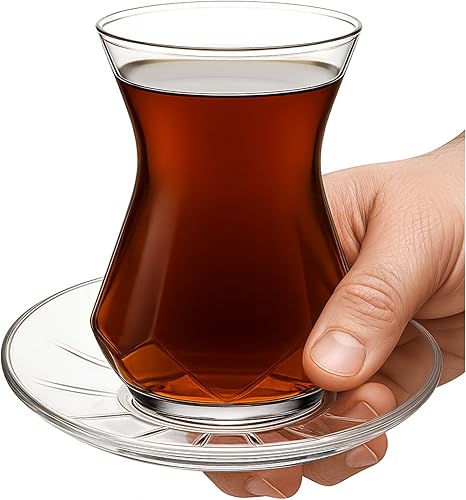 Miniatura 8 de Juego de 6 tazas y platillos de té de vidrio transparente de diseño especial (12 unidades), forma tradicional de cintura delgada, vidrio resistente