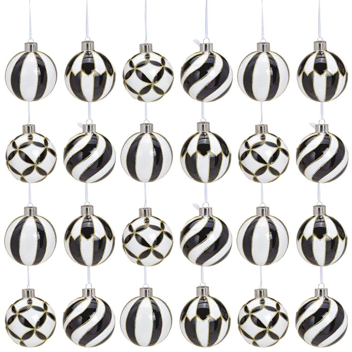 Weihnachtskugel aus Glas 24er Set Hängedeko für Weihnachtsbaum und Zweige - Christbaumkugeln Ø 8 cm Weihnachtsdeko Ornamente - Elegante Weihnachtskugeln für Innen Weihnachtsschmuck schwarz & weiß