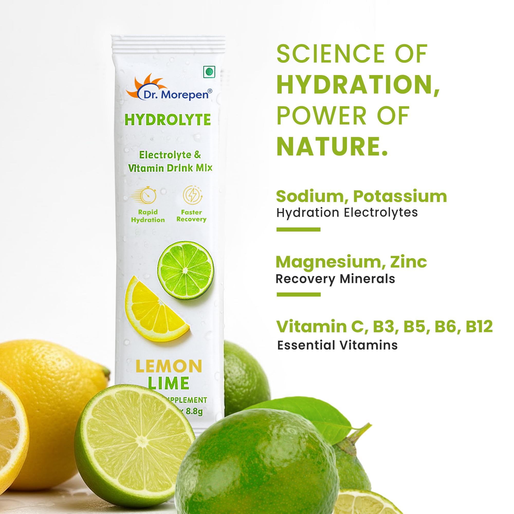 Dr. Morepen Hydrolyte Electrolyte & Vitamin Drink Mix for Rapid Hydration & Faster Recovery, Lemon Lime Flavour – 10 Sachets (8.8g Each) — Amazon image 3