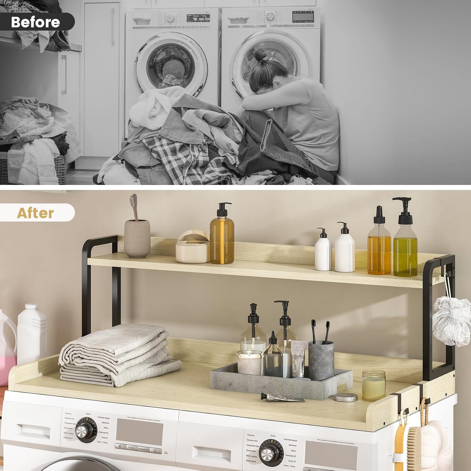 CBBPET 2-Tier Washer Dryer Countertop with 3.4"H Edge, 54" W x 27.6" D Laundry Countertop Over Washer and Dryer for Folding Clothes with 9 Non-Slip Pads & 3 Metal Hooks (Natrual Wood)