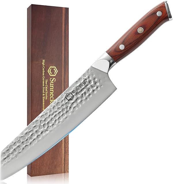 Sunnecko Kitchen Knife Chef Knife 8 inch, Kiritsuke Knife Made of German Steel 56HRC with Hammered Finish Blade, Professional Chef Knife Gyuto Knife with Ergonomic Pakkawood Handle & Noble Gift Box