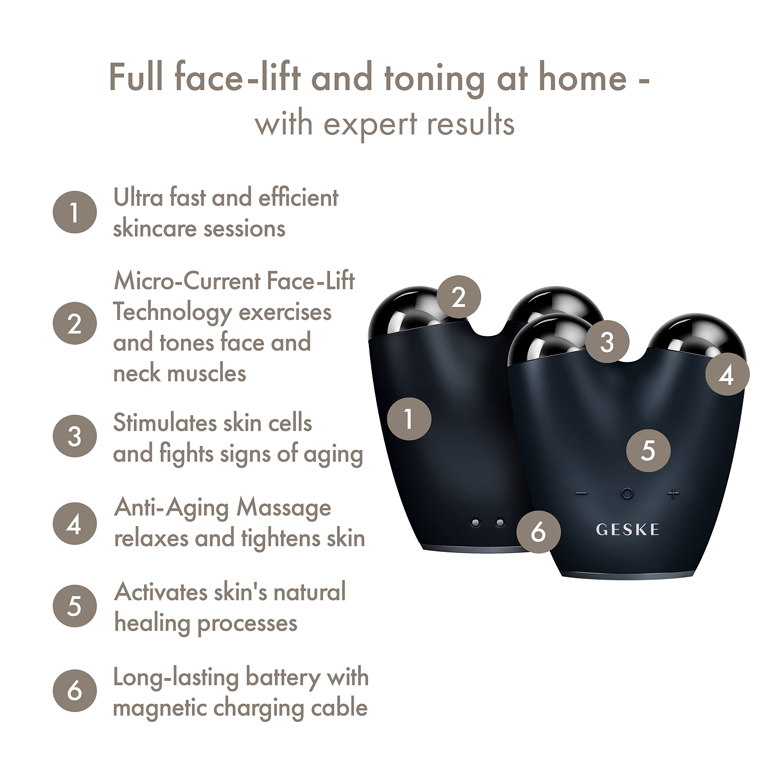 GESKE | Dispositivo lifting viso a microcorrente SmartAppGuided™ | 6 in 1 | Lifting facciale | Strumenti per la cura della pelle | Dispositivo anti-età | Microcorrente anti-rughe