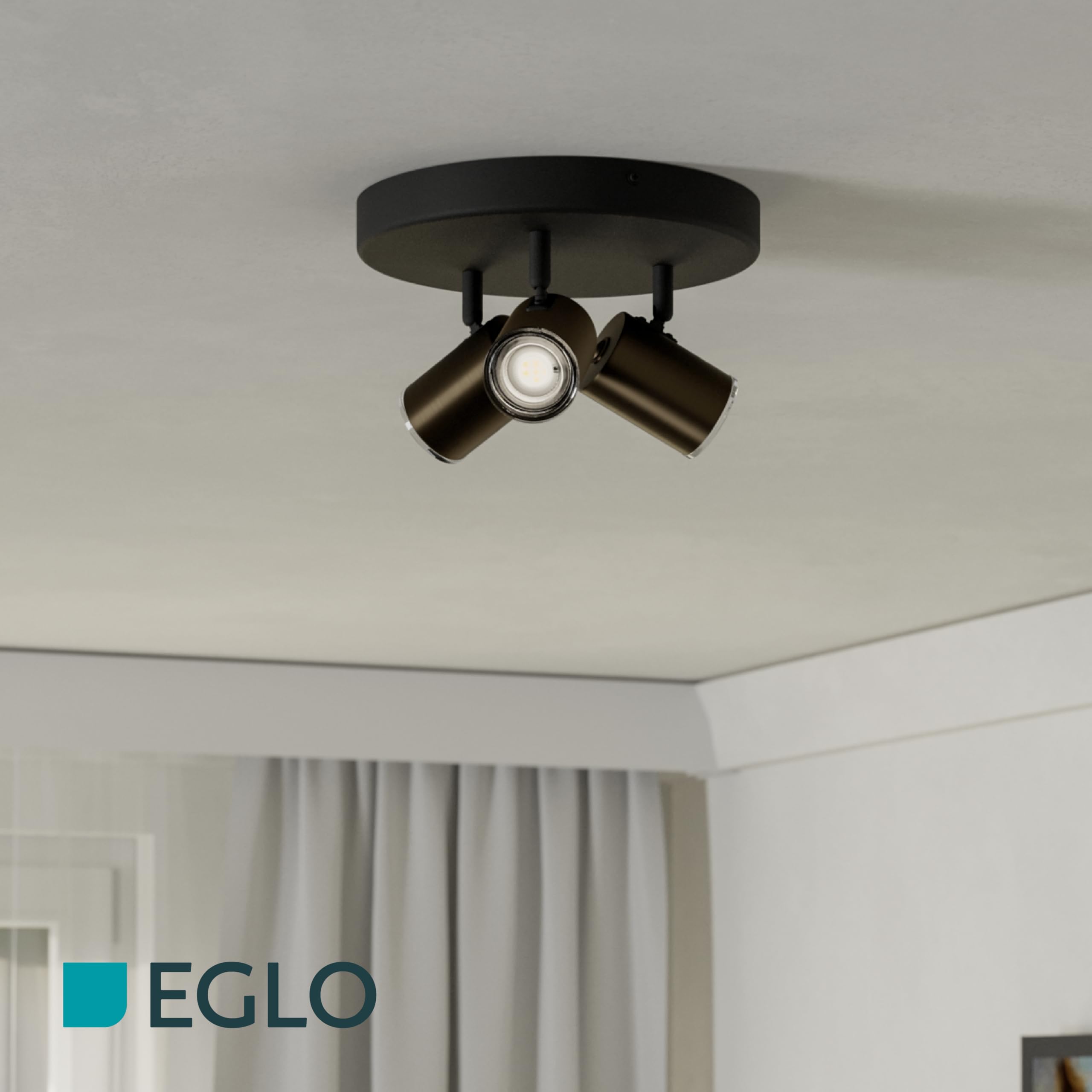 Eglo Plafoniera Consuma 1, faretto tondo 3 luci, lampada bagno a soffitto in metallo nero e bronzo, attacco GU10, IP44
