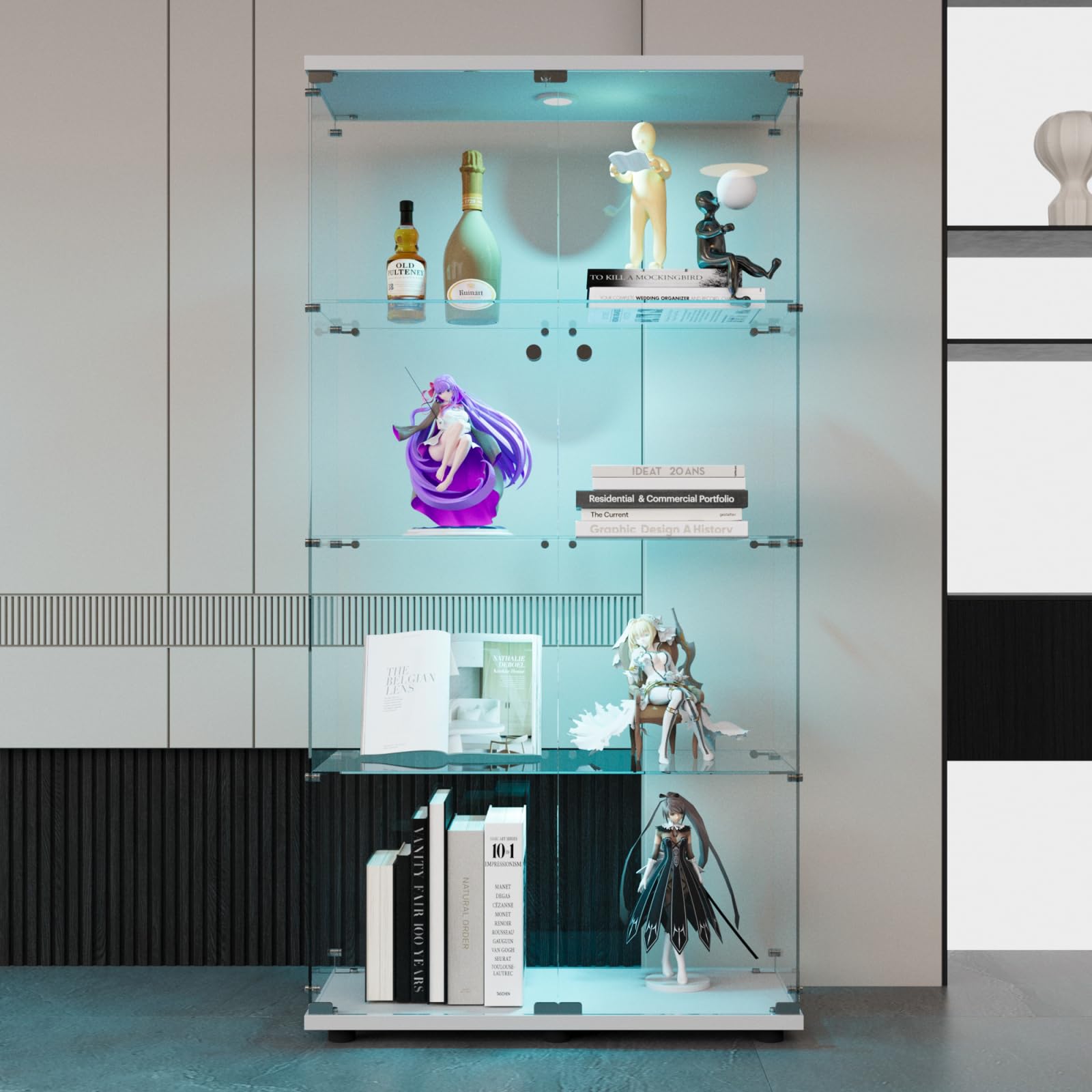 Vitrina de cristal con LED, armario de colección moderno de cristal de cuatro capas, transparente armadura de cristal con puerta y cerradura, vitrina de colección para el bar, salón (doble puerta,