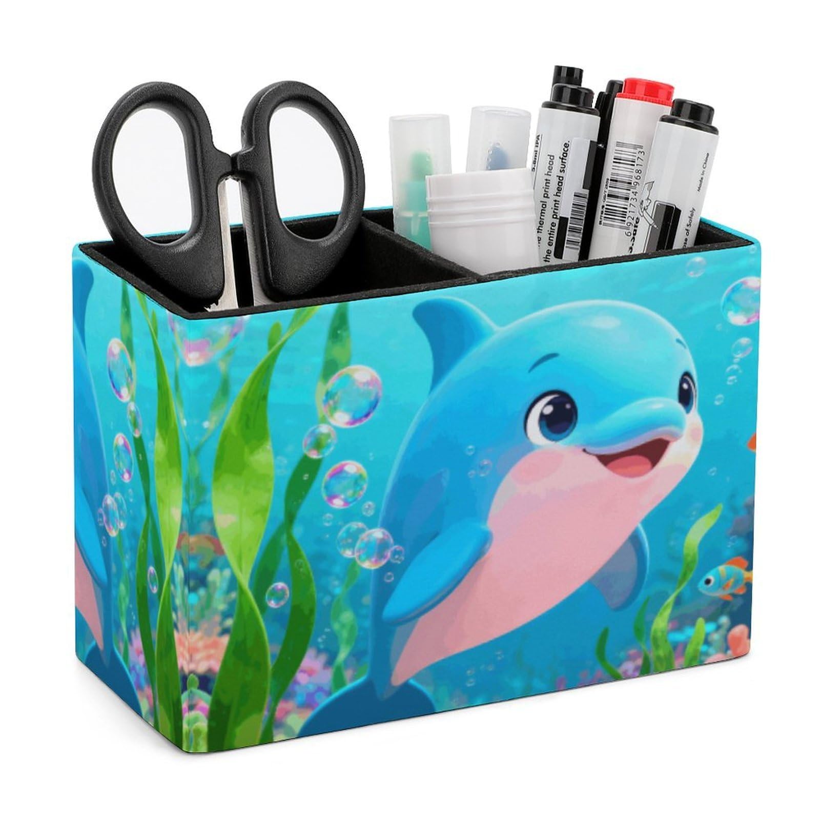 LZQPOEAS Exquisite Patterns PU Leather Pen Holder, Multifunctional Desktop Organizer Caddy with 2 Compartments, Dolphin Pencil Cup Makeup Brush Holder for Office Home