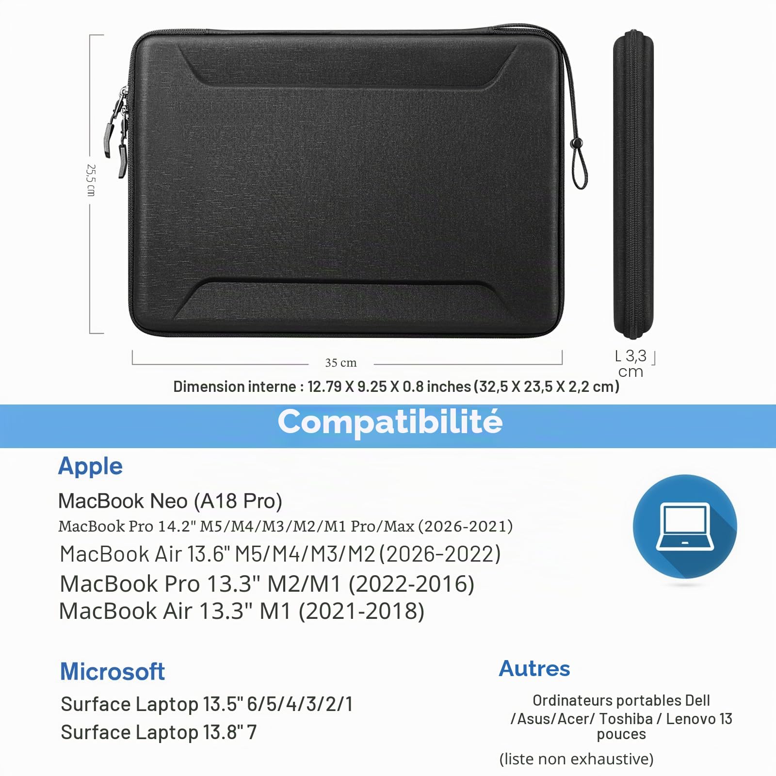 Housse pour 13" MacBook Air M5 M4 M3 M2 M1, 14" Macbook Pro M5 2026-2021 | FINPAC Antichoc Coque rigide Sacoche pour 13" MacBook Neo A18 Pro 2026 et autre Laptop jusqu'à 13 Pouces