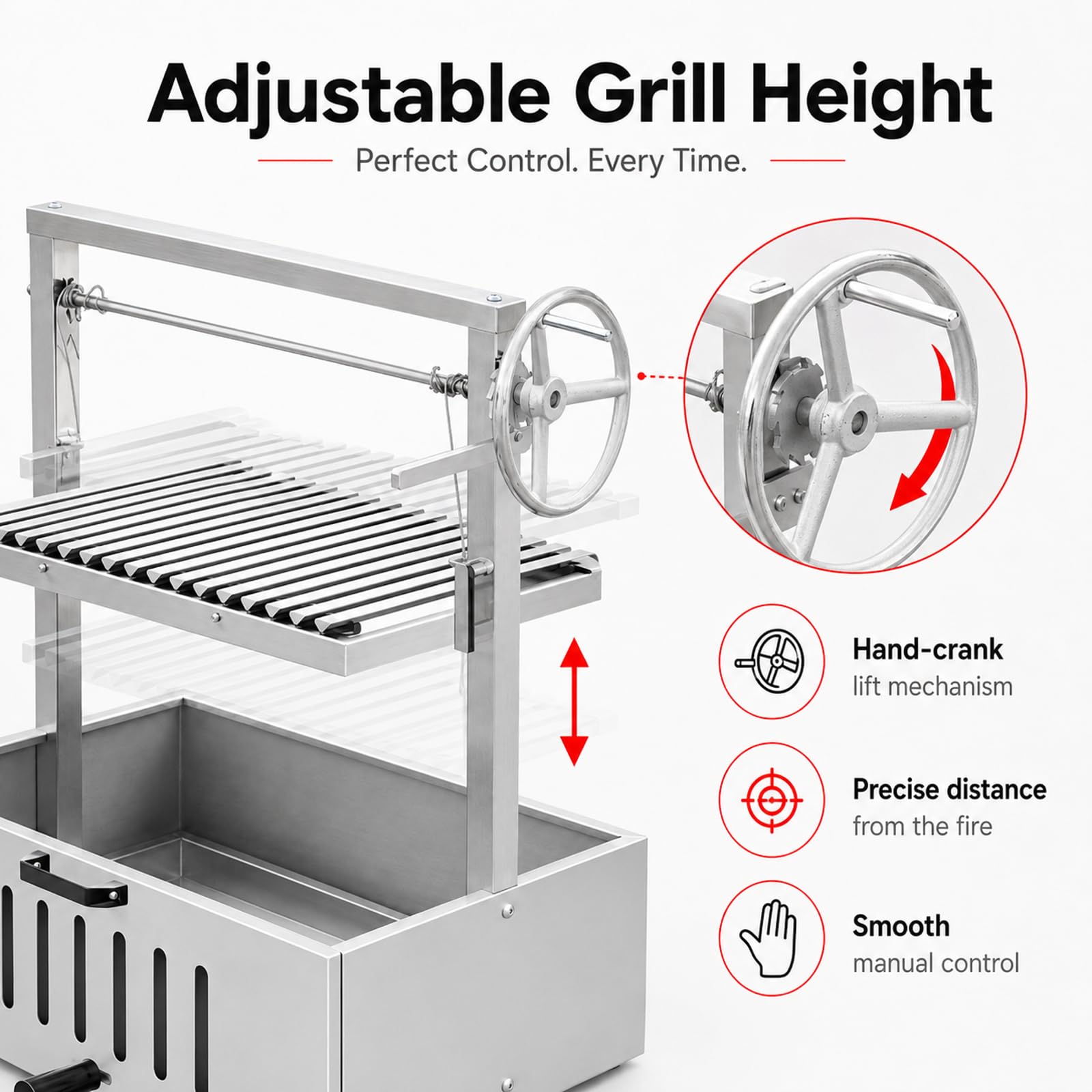 Grill in Stile Argentino, Barbecue da Esterno 201StainlessSteel | Altezza regolabile per controllare la temperatura, griglia a V per lo scolo dei grassi; per 3–5 persone