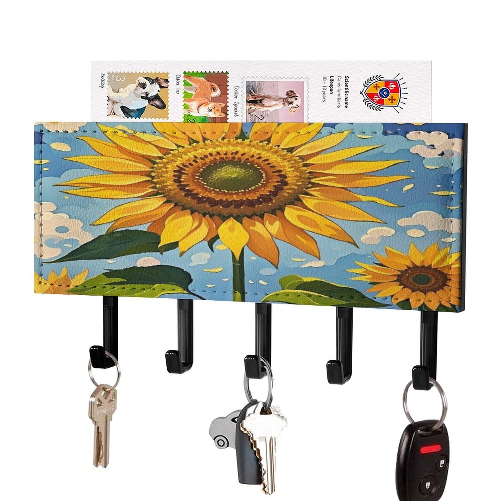 Fekiloot Black-Style Sunflower Style Painting Key Holder Wall Mount Decorative Key And Mail Holder With 5 Hooks Key Hanger Organizer Pu Key Rack Decorative Home Decor For Wall Living Room Entryway Office