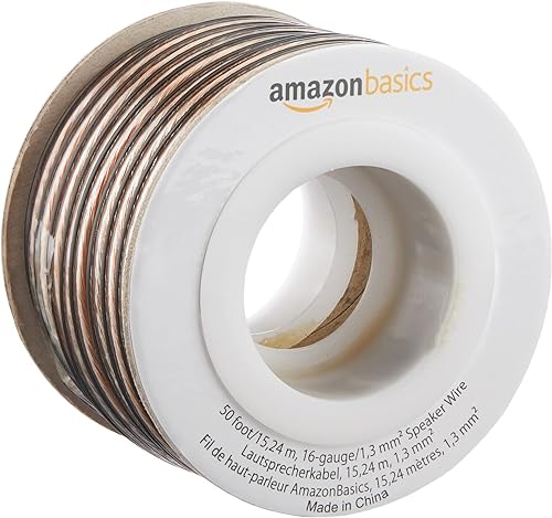 Amazon Basics Cable de cable de altavoz de calibre 16, marca de polaridad, 50 pies, transparente