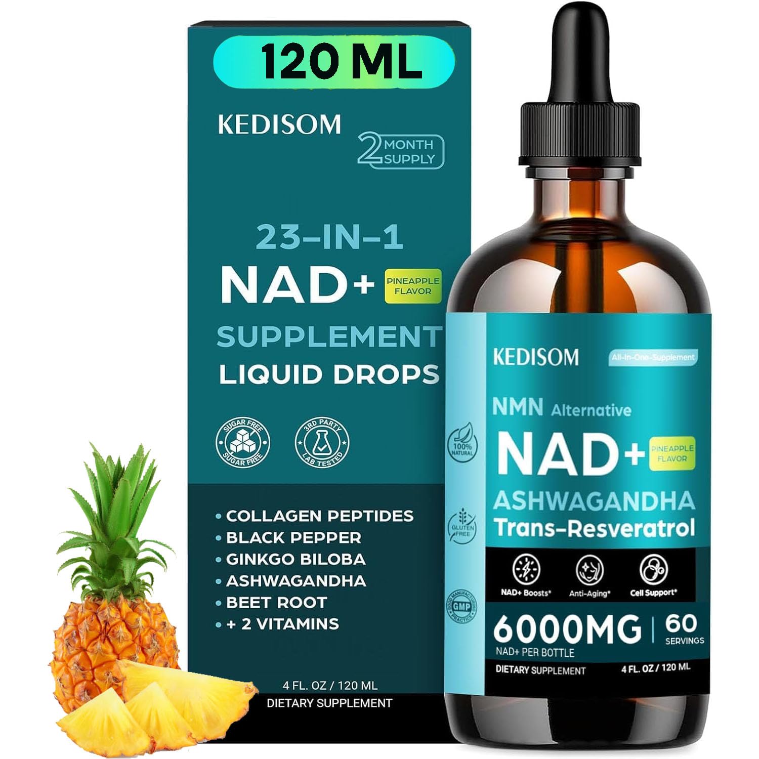 23-in-1 Liposomal NAD Supplement - NAD+ Liquid Drops with Resveratrol, Black Pepper Extract - Support Anti-Aging, Brain & Cellular Mitochondrial Health - 4 Fl Oz, Pineapple Flavor