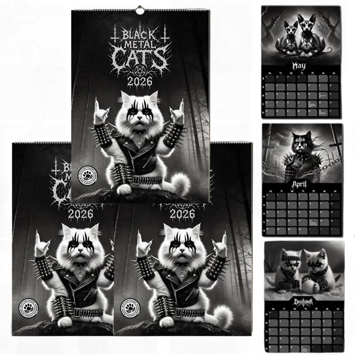 Black Metal Cats 2026 - Wall Calendar 2026, 12-Month Gothic Cat Art Monthly Planner, Spiral Bound Heavy Metals C at Illustration Calendar for Ca t Lovers (3PCS)