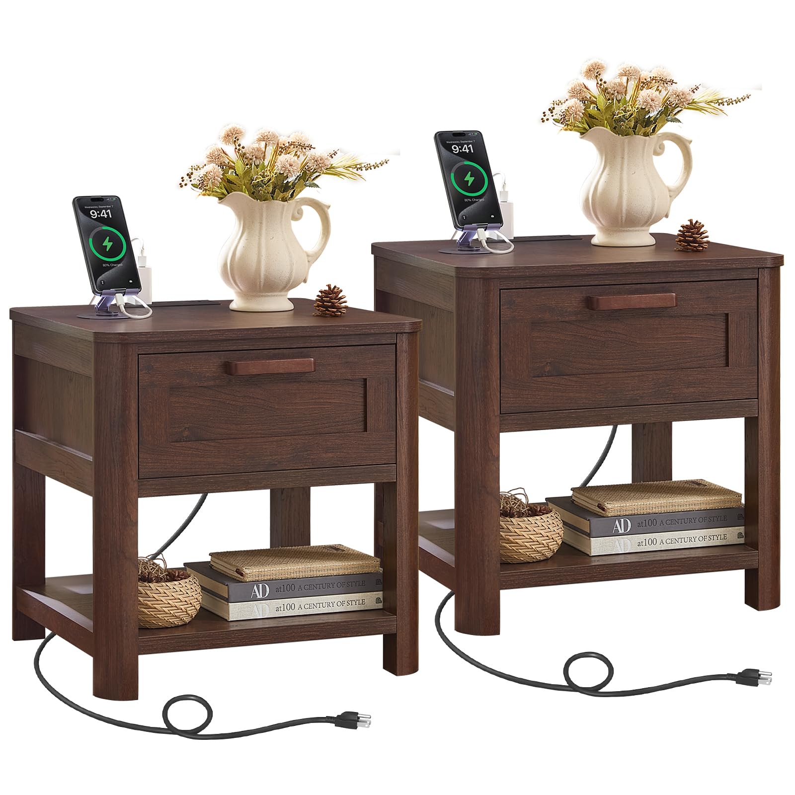 Farmhouse End Table Set of 2 Walnut