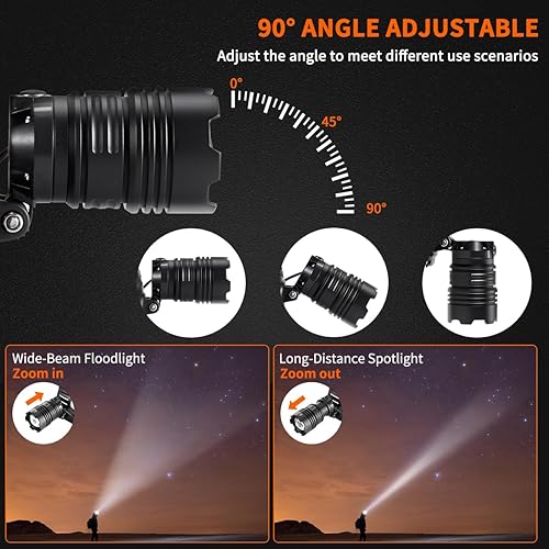 Miniatura 3 de Paquete de 2 faros delanteros recargables, lámpara de cabeza brillante de 150000 lúmenes, faro de enfoque ajustable para exteriores, luces de cabeza