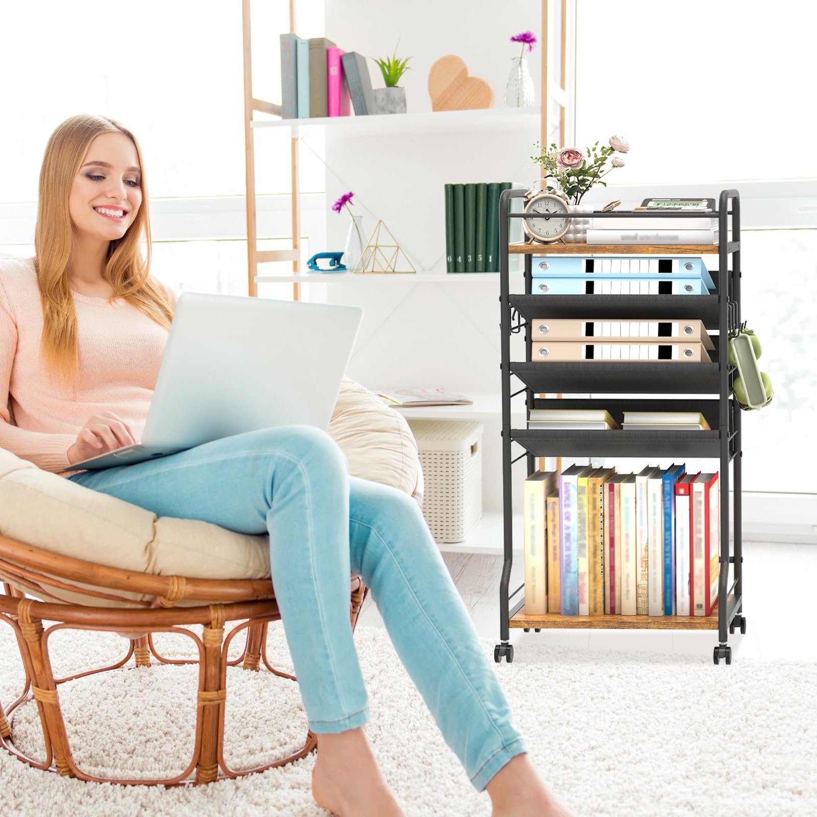 Rollbarer Aktenwagen mit 5 Ebenen, mobiler Bücherwagen mit Rollen, Metall, Holz, bewegliches Bücherregal, Tischregal, Büro, Papieraufbewahrung, Organizer für Zuhause, Schule, Lehrer,