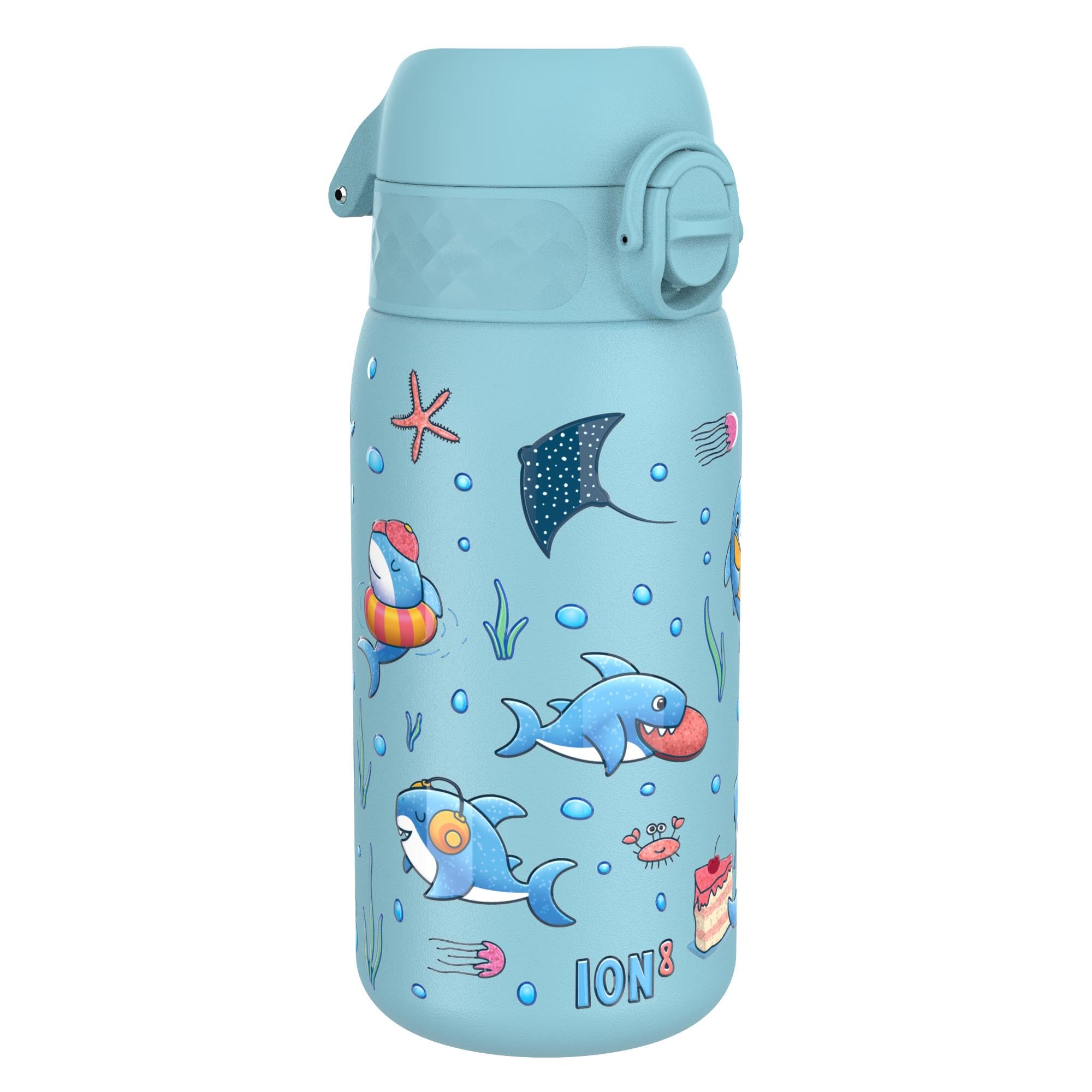 Ion8 Vacuum Insulated Steel Water Bottle, 320 ml/11 oz, Leak Proof, Easy to Open, Secure Lock, Dishwasher Safe, Carry Handle, Metal Water Bottle, ThermoShield Stainless Steel, Sharks
