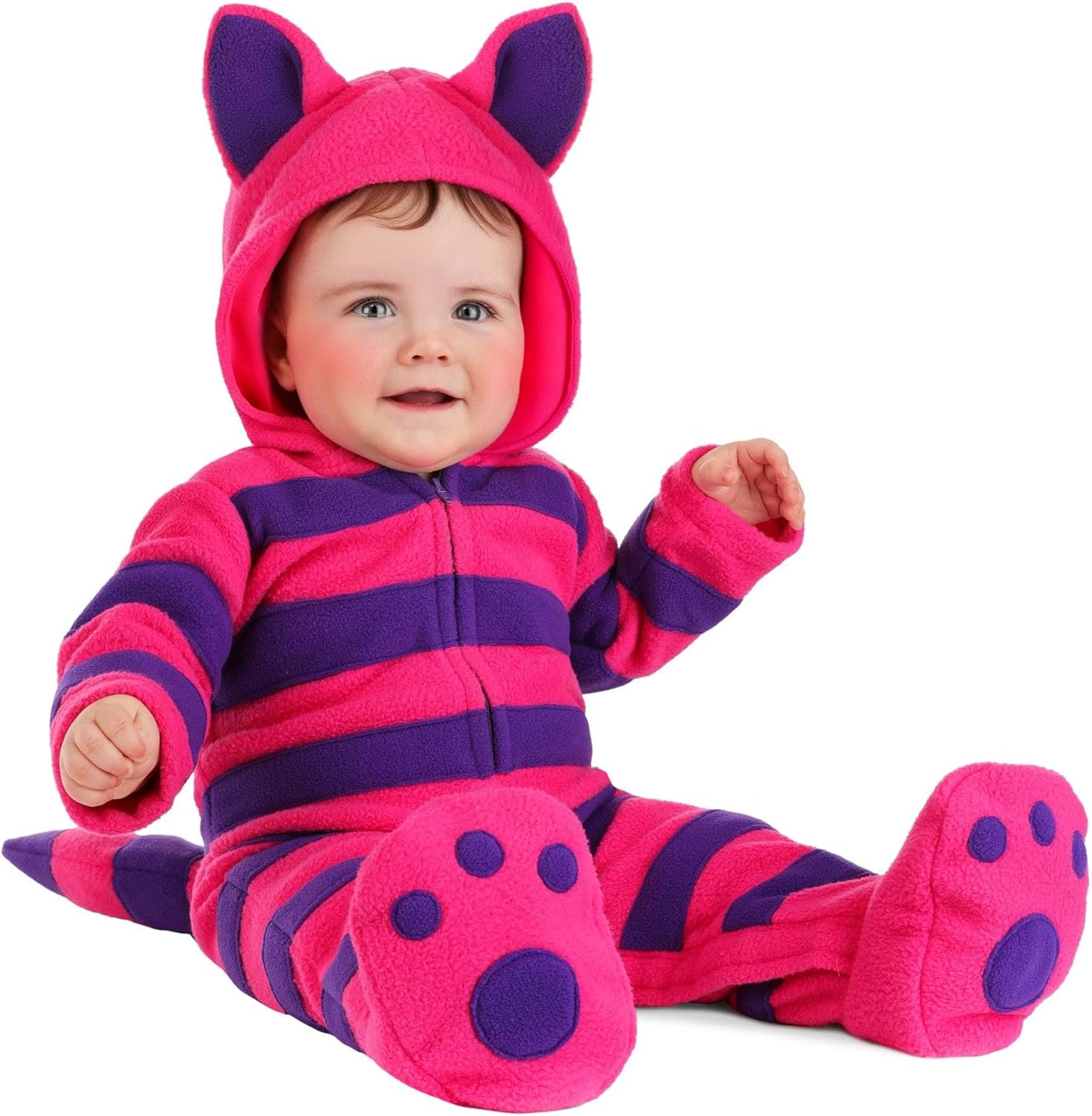 Infant Cheshire Cat Costume | Striped Fleece Jumpsuit with Hood, Tail, and Footies for Halloween and Storybook Playtime